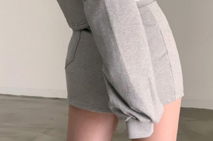 Set: Plain Zip Hoodie + Drawstring Waist Mini Pencil Skirt