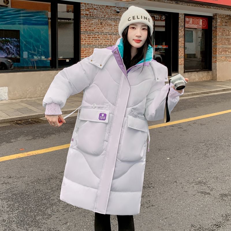 Hooded Color Block Long Puffer Coat