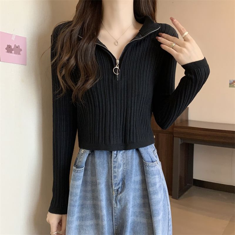 Zip Mock-Neck Top Long-Sleeve Plain Knit Slim-Fit Half