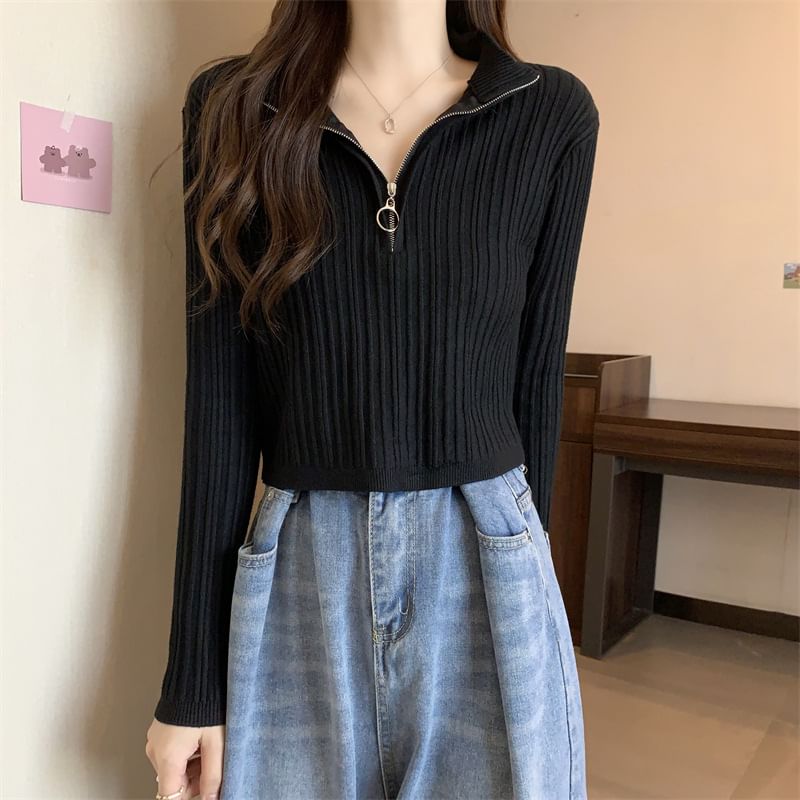 Zip Mock-Neck Top Long-Sleeve Plain Knit Slim-Fit Half
