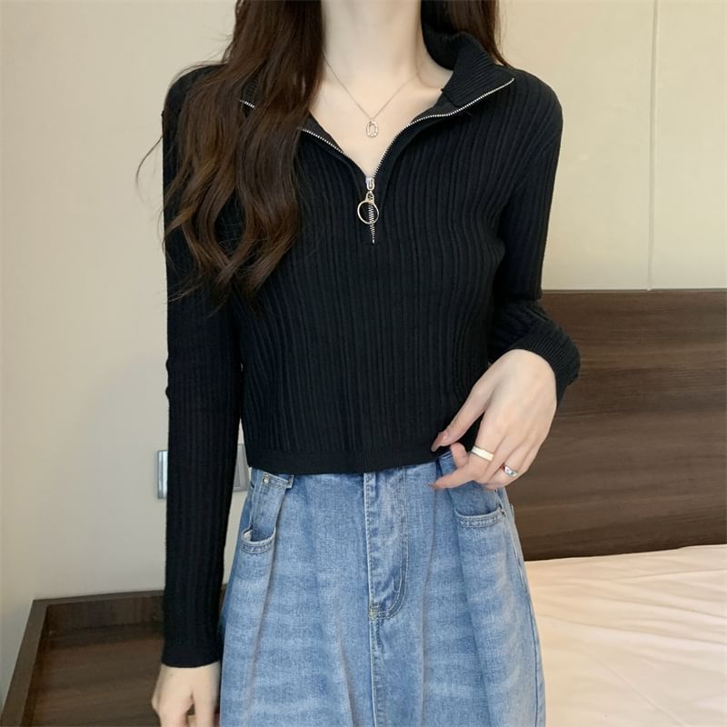 Zip Mock-Neck Top Long-Sleeve Plain Knit Slim-Fit Half