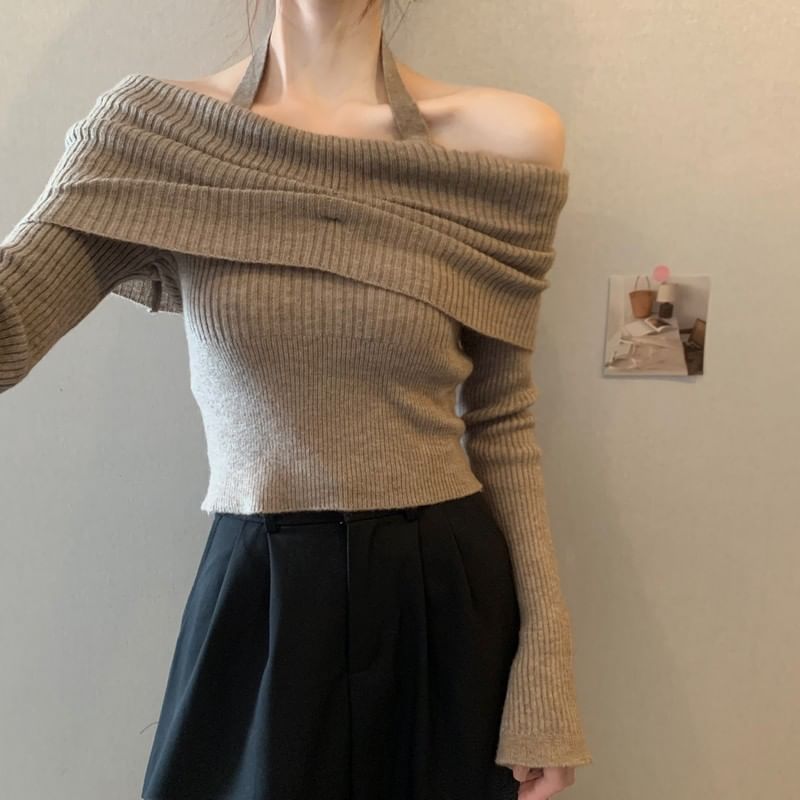 Long-Sleeve Halter Sweater Off-Shoulder