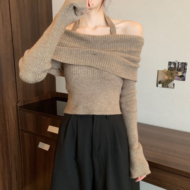 Long-Sleeve Halter Sweater Off-Shoulder