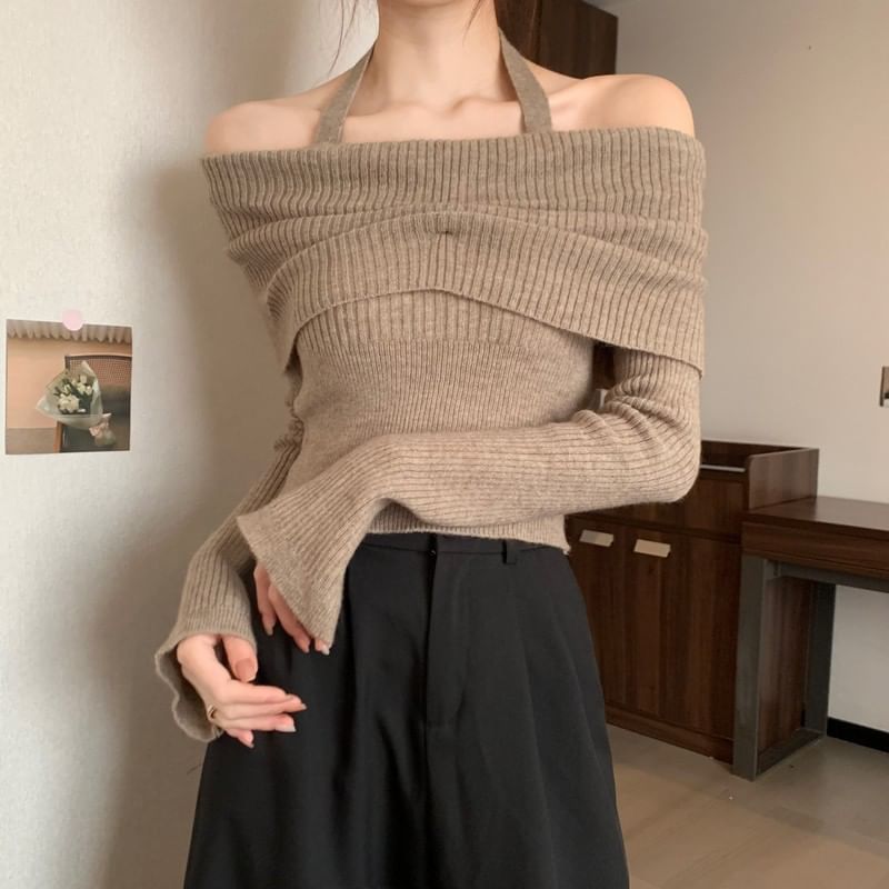 Long-Sleeve Halter Sweater Off-Shoulder