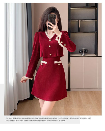 Mock Two-Piece Long-Sleeve V-Neck Lace Trim Corduroy Mini A-Line Dress