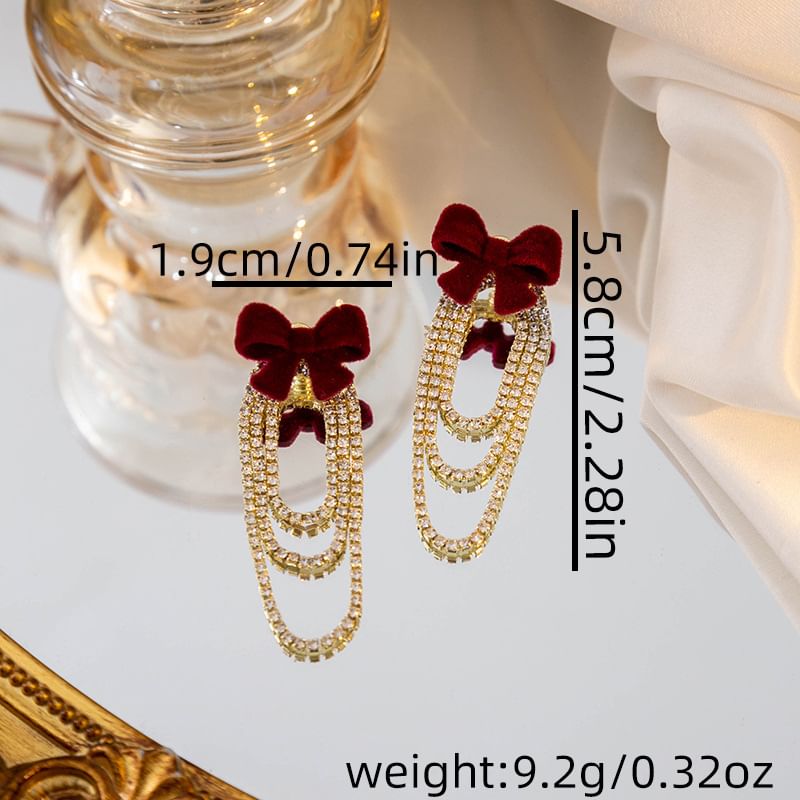 Flocking Bow Rhinestone Chain Alloy Dangle Earring