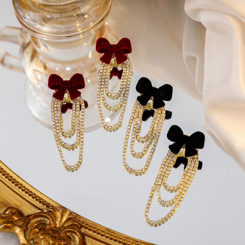 Flocking Bow Rhinestone Chain Alloy Dangle Earring