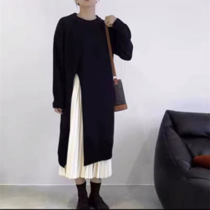 Long-Sleeve Crew Neck Plain Slit Midi Sweater Dress