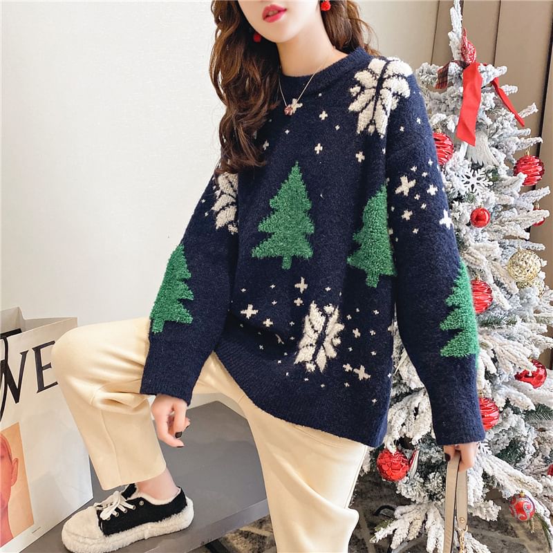 Sweater Tree Crew Neck Jacquard Christmas