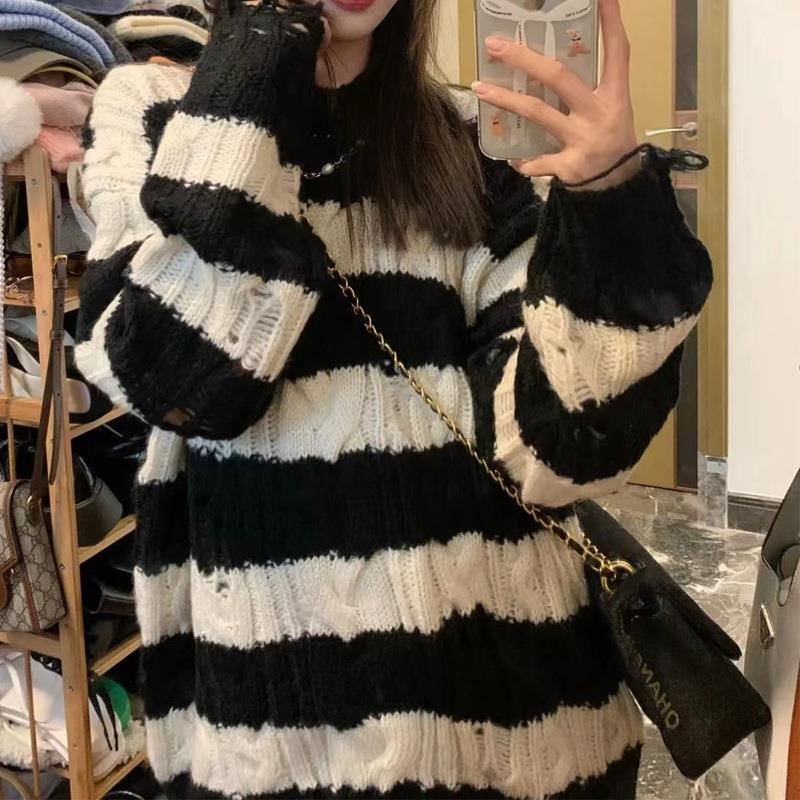 Sweater Striped Crew Knit Cable Distressed Neck