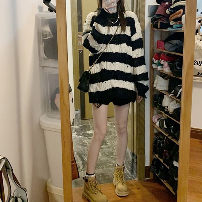Sweater Striped Crew Knit Cable Distressed Neck