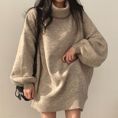 Balloon Sleeve Turtleneck Plain Slit Oversized Sweater