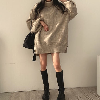 Balloon Sleeve Turtleneck Plain Slit Oversized Sweater