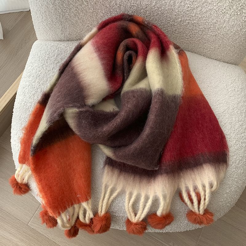 Striped Pom Pom Fringed Scarf