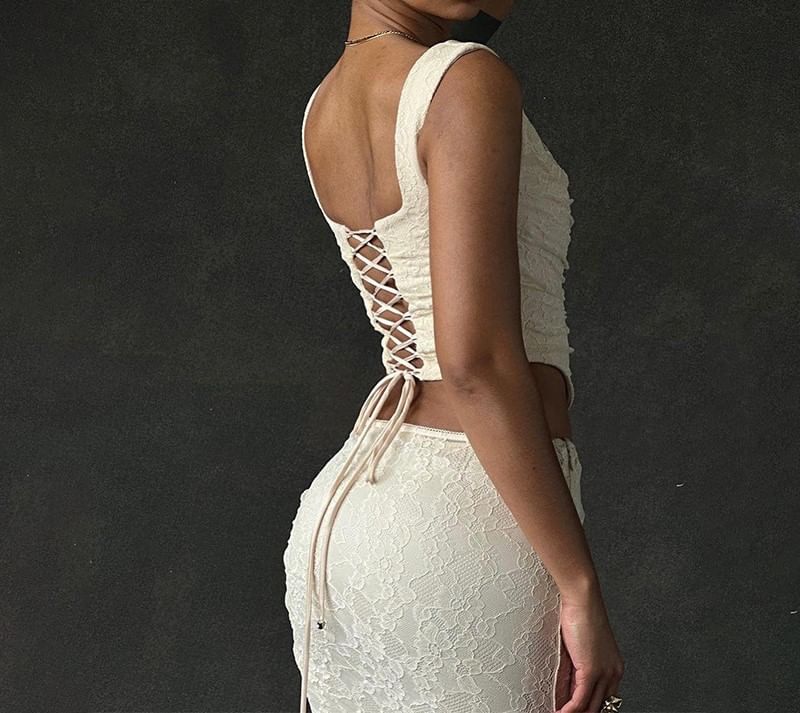 Top / Mermaid Waist Neck Tank Plain Square Crop High Lace Maxi Skirt