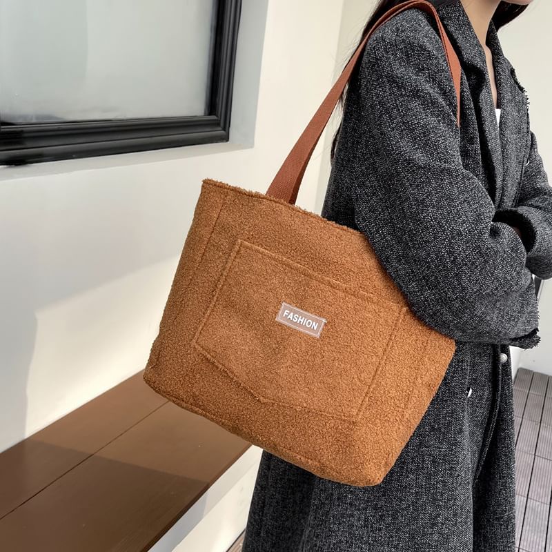 Faux Shearling Label Applique Tote Bag