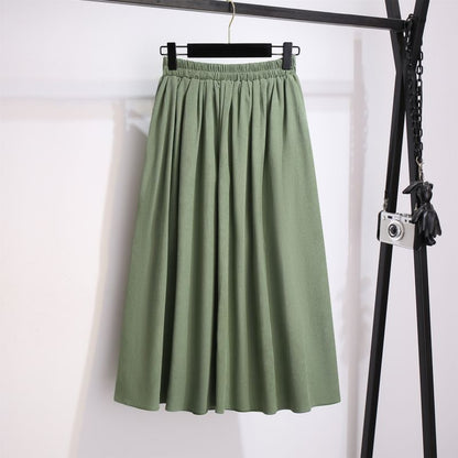 Long-Sleeve Band Collar Bamboo Hanfu Blouse / Mid Rise Plain Midi A-Line Skirt