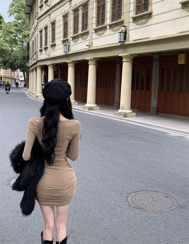 V-Neck Dress Long-Sleeve Plain Bodycon Mini