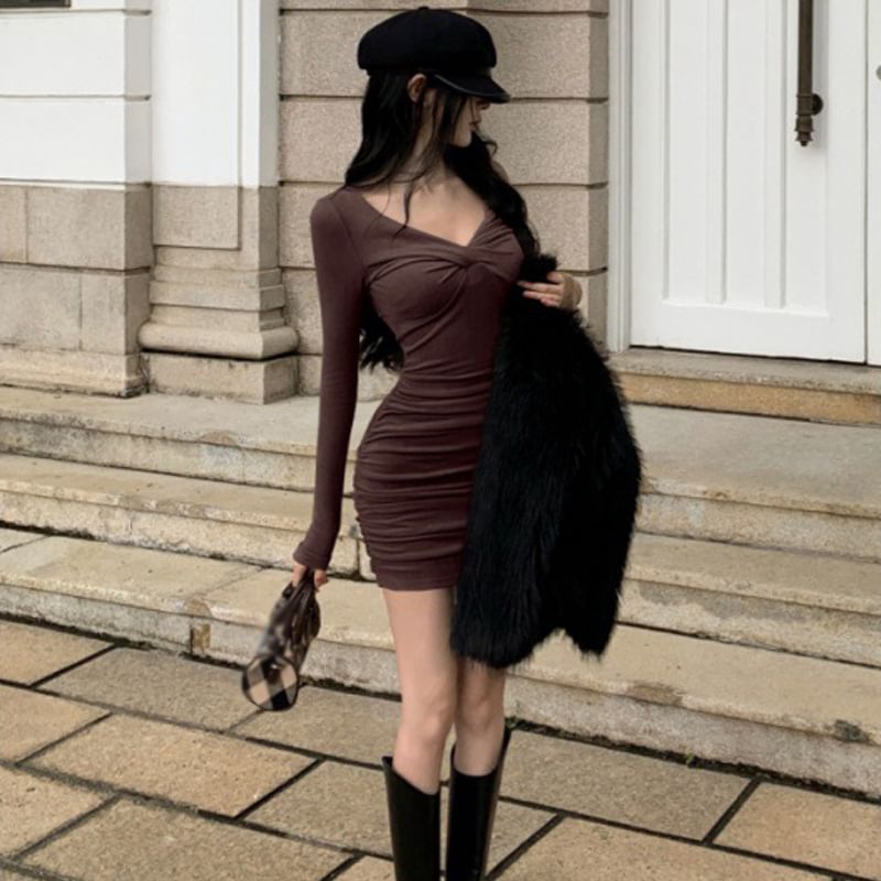V-Neck Dress Long-Sleeve Plain Bodycon Mini