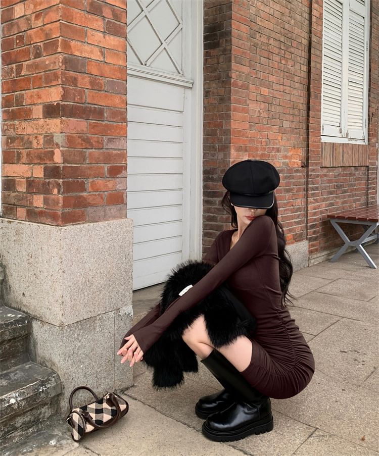 V-Neck Dress Long-Sleeve Plain Bodycon Mini