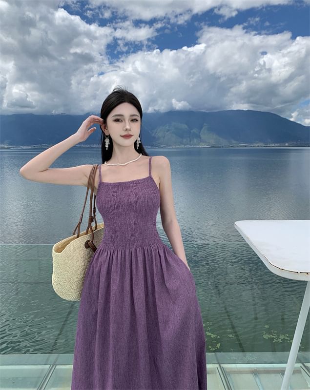 Spaghetti Midi A-Line Strap Plain Dress