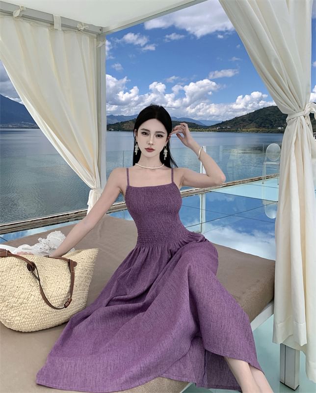 Spaghetti Midi A-Line Strap Plain Dress