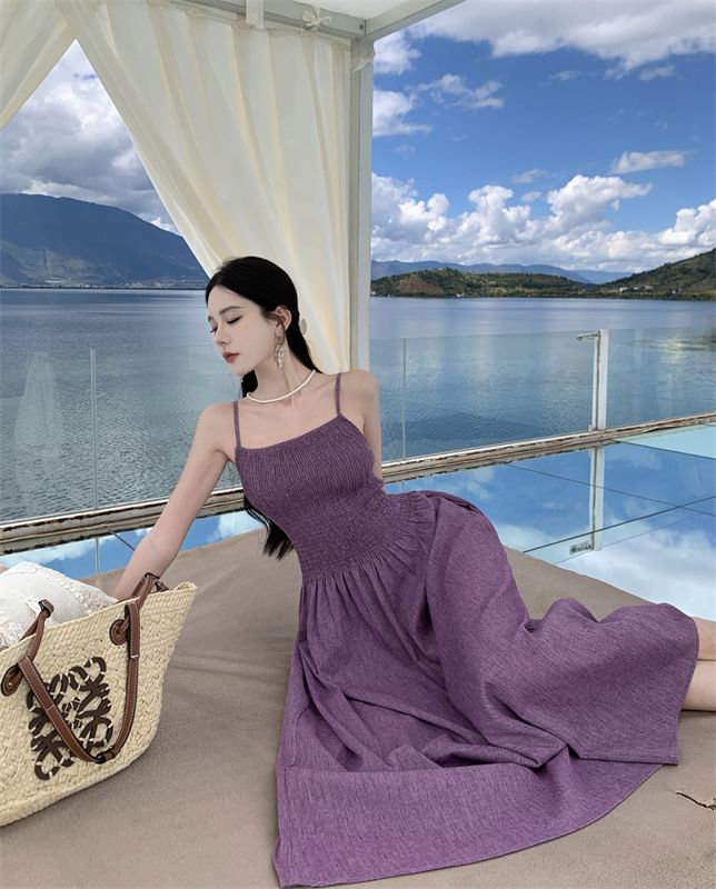 Spaghetti Midi A-Line Strap Plain Dress