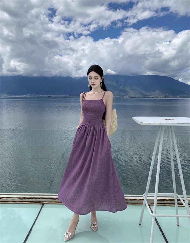 Spaghetti Midi A-Line Strap Plain Dress