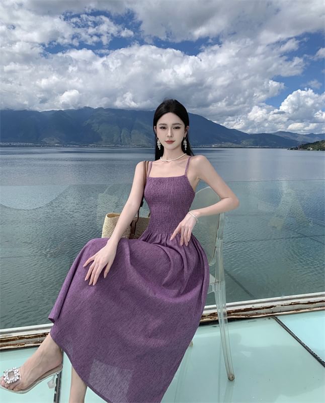 Spaghetti Midi A-Line Strap Plain Dress