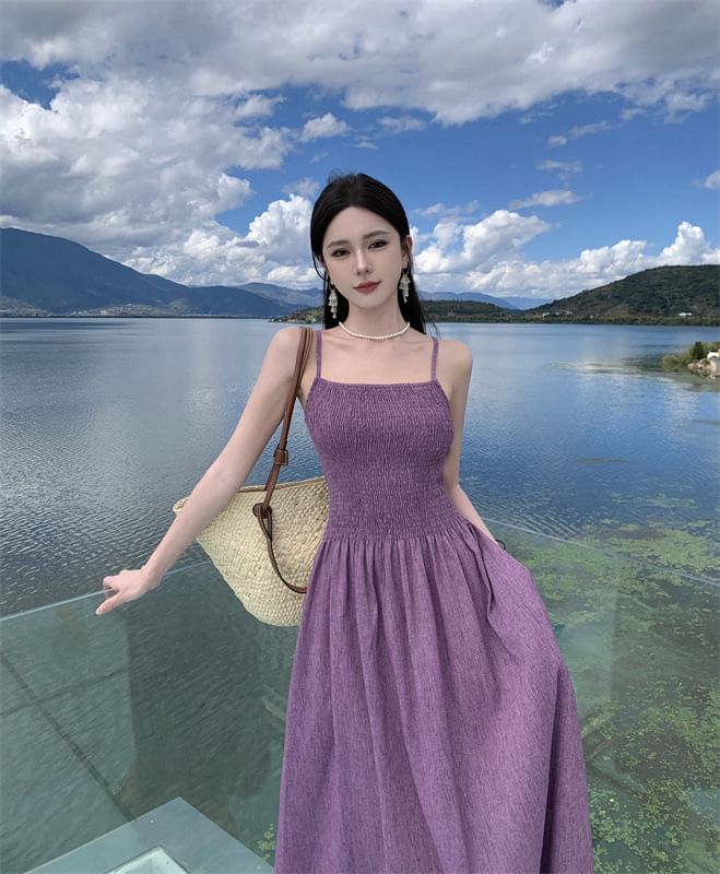 Spaghetti Midi A-Line Strap Plain Dress