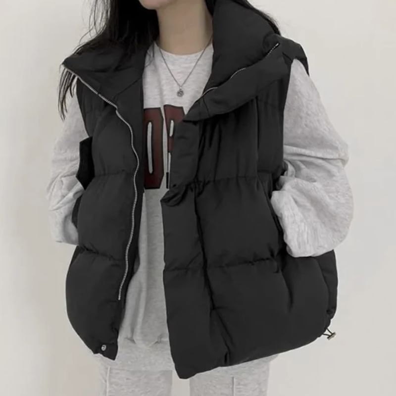 Stand Collar Plain Padded Zip Vest