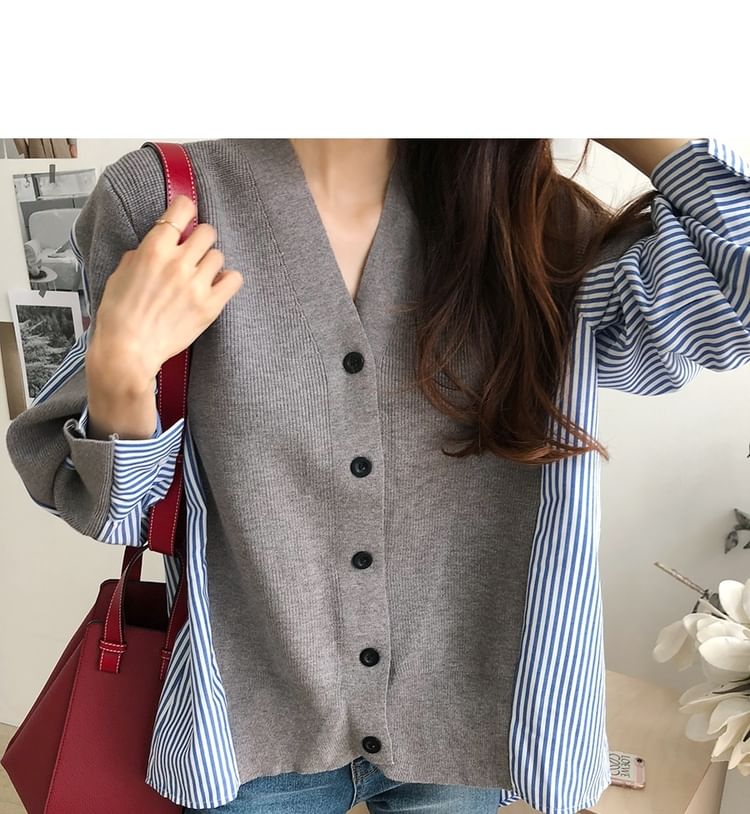 V-Neck Striped Panel Cardigan