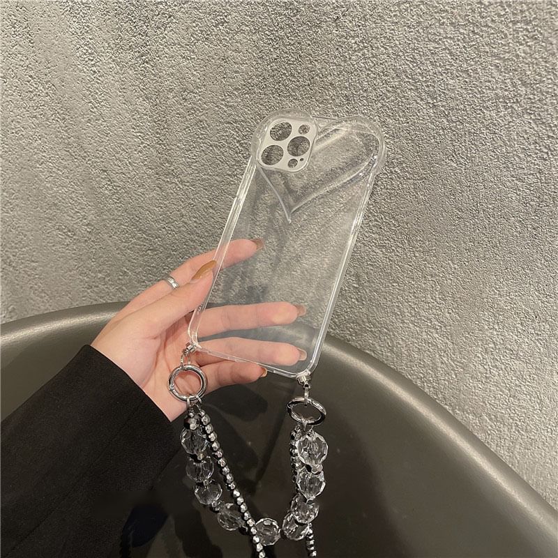 Transparent Phone Case Crystal Heart Faux Chain