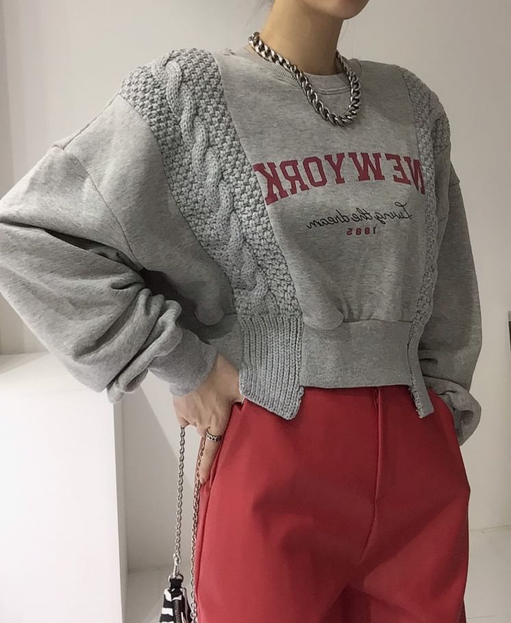 Crew Neck Lettering Asymmetrical Knit Panel Sweatshirt