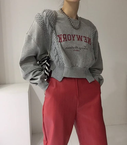 Crew Neck Lettering Asymmetrical Knit Panel Sweatshirt