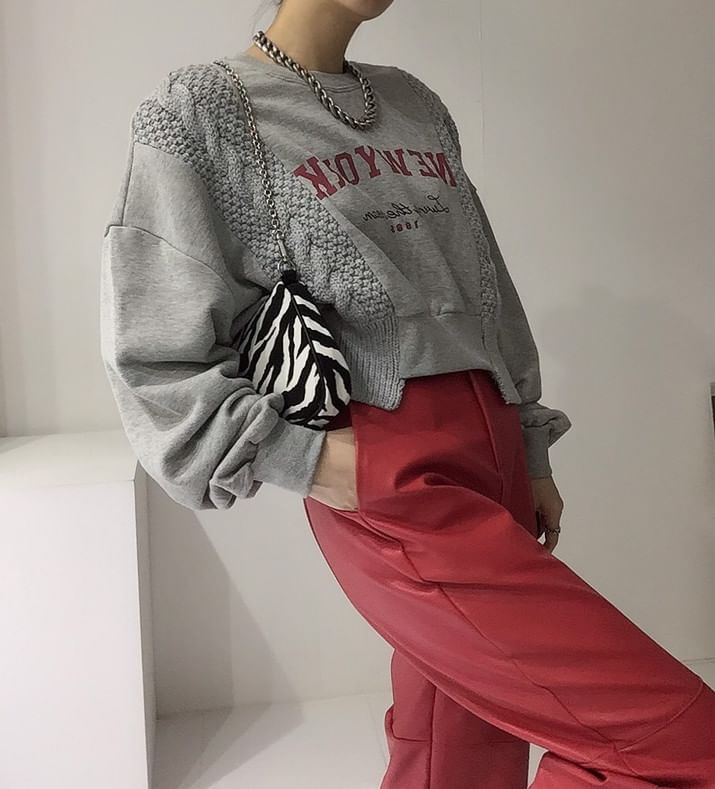 Crew Neck Lettering Asymmetrical Knit Panel Sweatshirt