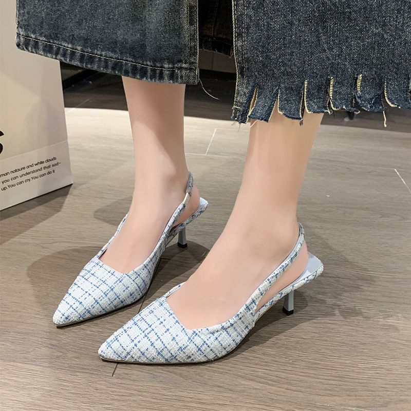 Sandals Pointed Slingback Kitten Plaid Heel