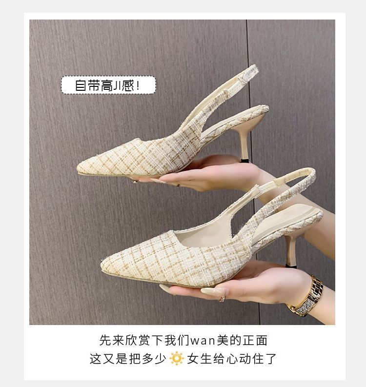 Sandals Pointed Slingback Kitten Plaid Heel