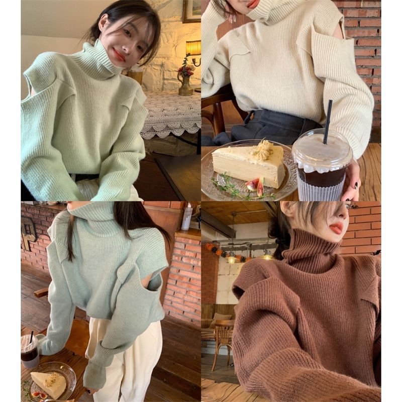 Loose-Fit Cold-Shoulder Plain Turtleneck Sweater