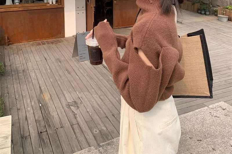 Loose-Fit Cold-Shoulder Plain Turtleneck Sweater