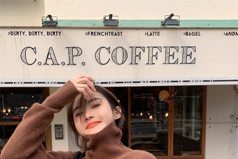 Loose-Fit Cold-Shoulder Plain Turtleneck Sweater