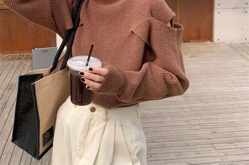 Loose-Fit Cold-Shoulder Plain Turtleneck Sweater