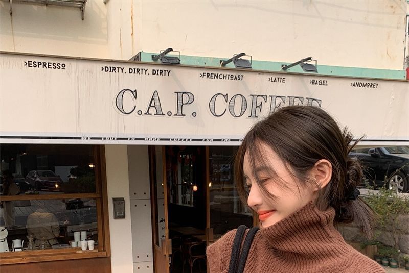 Loose-Fit Cold-Shoulder Plain Turtleneck Sweater