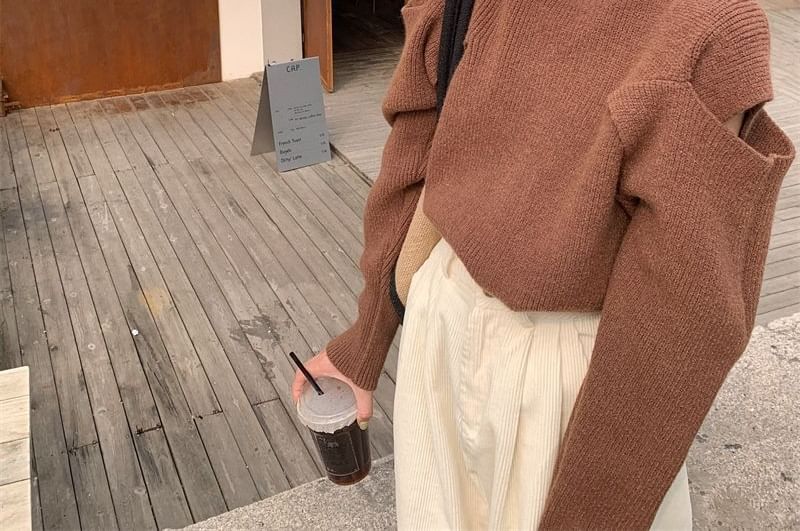 Loose-Fit Cold-Shoulder Plain Turtleneck Sweater