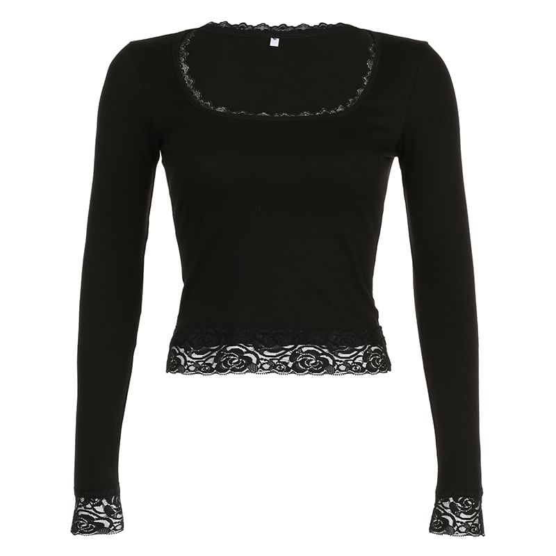 Cropped Top Lace Long-Sleeve Square-Neck