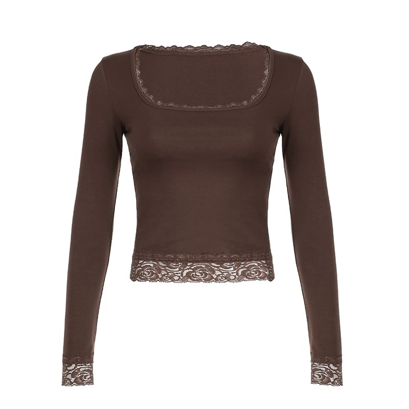 Cropped Top Lace Long-Sleeve Square-Neck