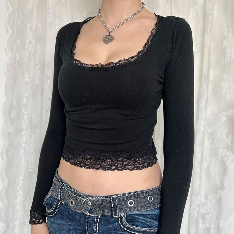 Cropped Top Lace Long-Sleeve Square-Neck