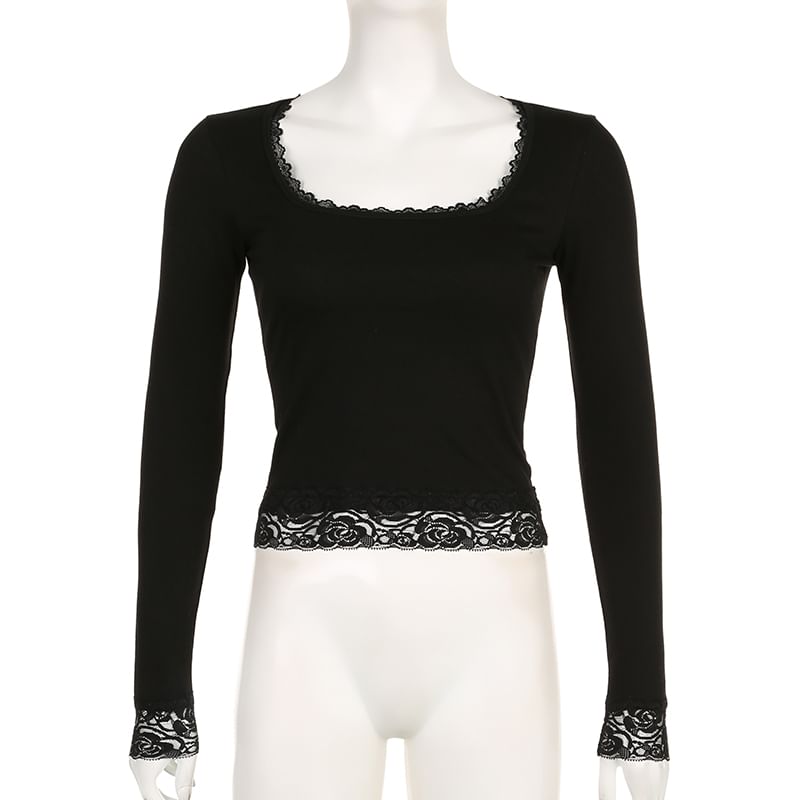 Cropped Top Lace Long-Sleeve Square-Neck