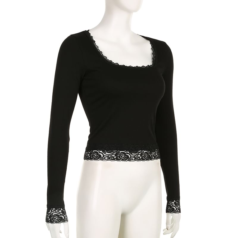 Cropped Top Lace Long-Sleeve Square-Neck