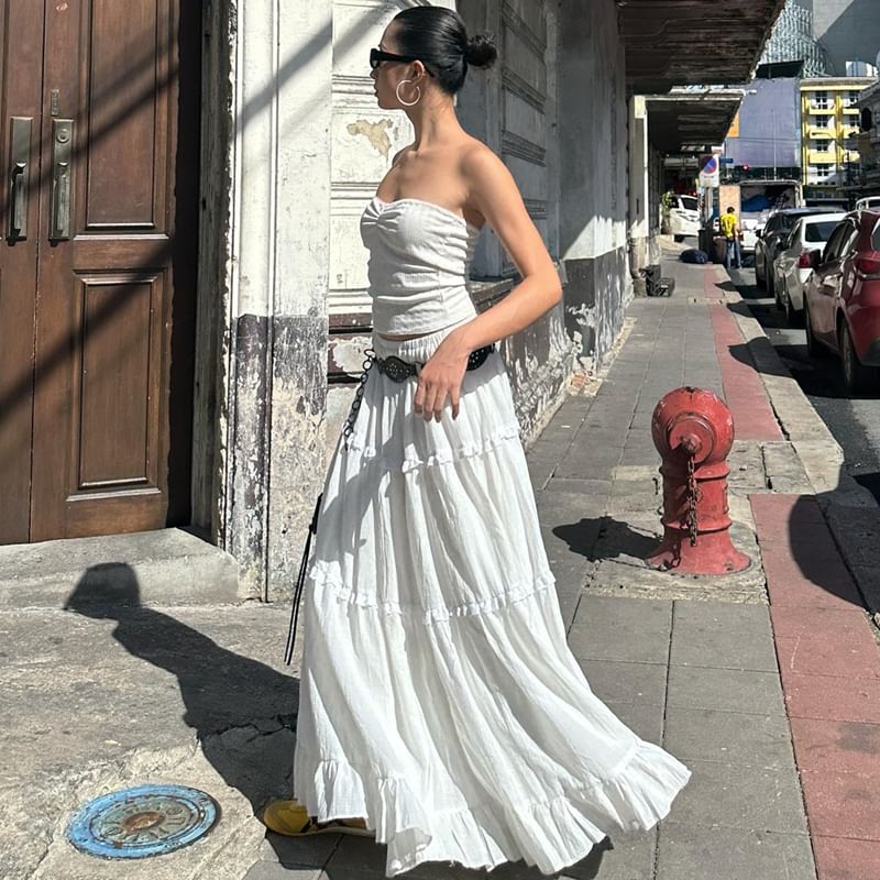 Tube Tiered / Plain Maxi Elastic Waist Ruffle A-Line Top Skirt